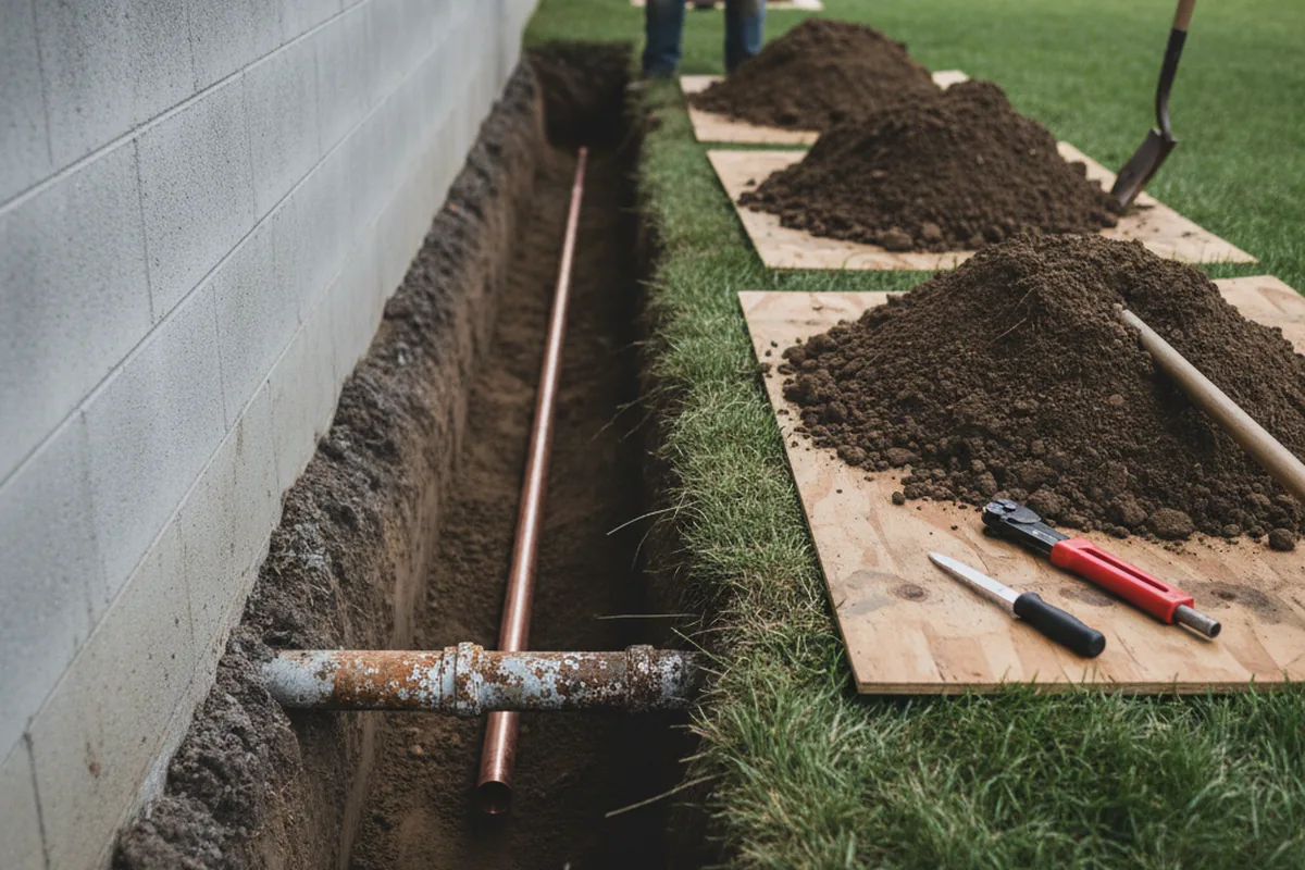 Excavated water line trench during Water Heater Repair in Towaco